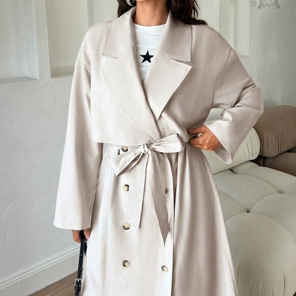 Apricot Elegant Women's Long Overcoat With Double-Breasted Buttons - Picture 6 of 7